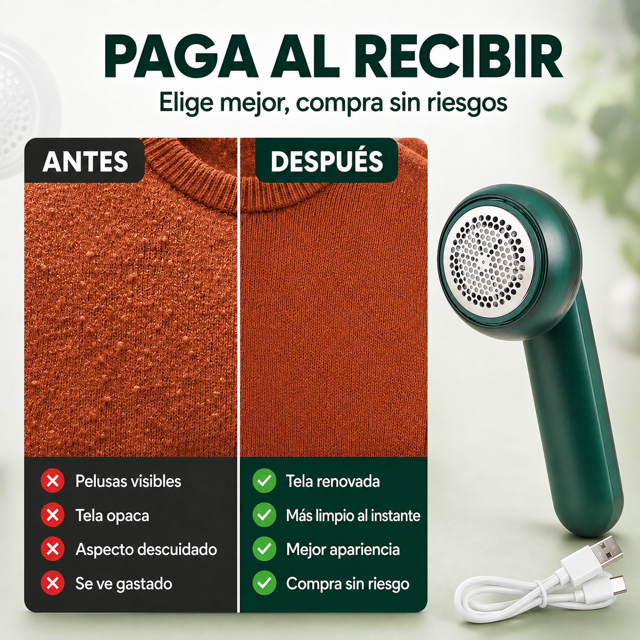 LintPro™ Quita Pelusas Eléctrico Recargable
